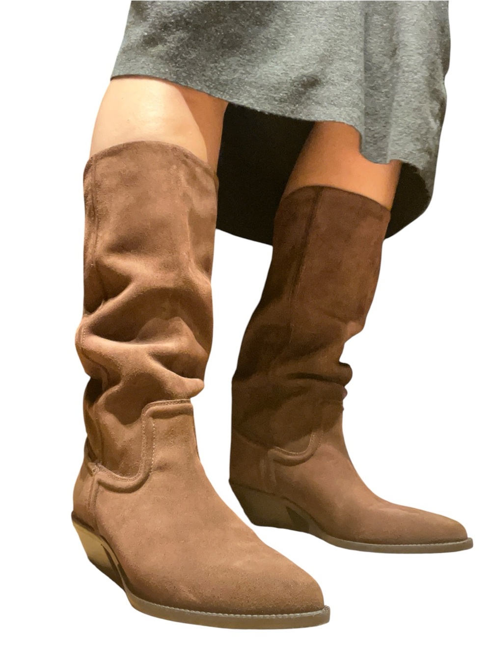 Zara Suede Cowboy Knee-High Heeled Boots Western Style Pointed Toe Brown 7.5